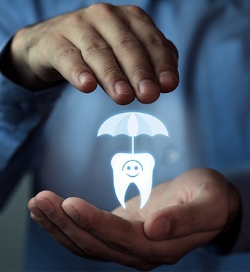 tooth and umbrella in hand